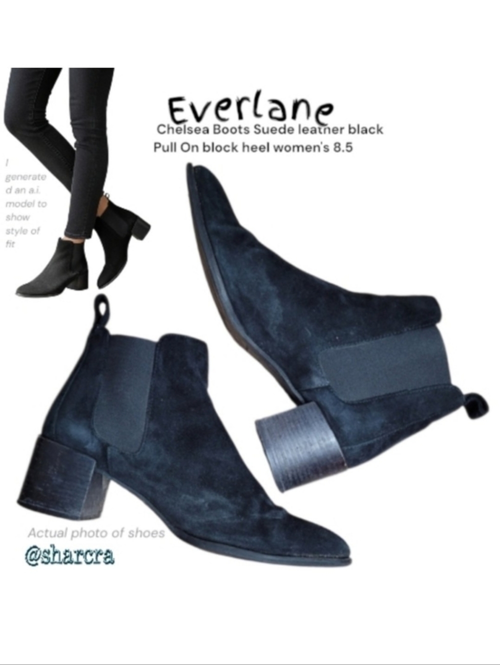 Everlane Women Chelsea Boots Black Suede leather Pull On block heeled Shoes 8.5